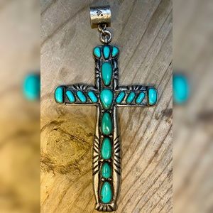 Sterling Vintage Zuni HUGE Native Turquoise Cross